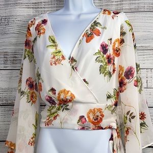 NY & CO White Floral Longsleeve Crop Blouse | Size Small